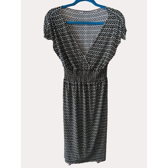 Smocked Liquid Knit Dress Geo Print Brown Turquoise S - Picture 1 of 5